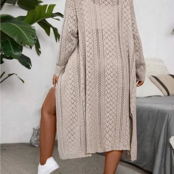 Beige Cable Knit Long Cardigan Sweater - Picture 3 of 4